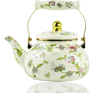 Floral Enamel Tea Kettle Bohemian Gold Beige Teapot Vintage Boho Hot Coffee Kettle Pot 2.5L Porcelain Tea Pot Retro Pot Stovetop
