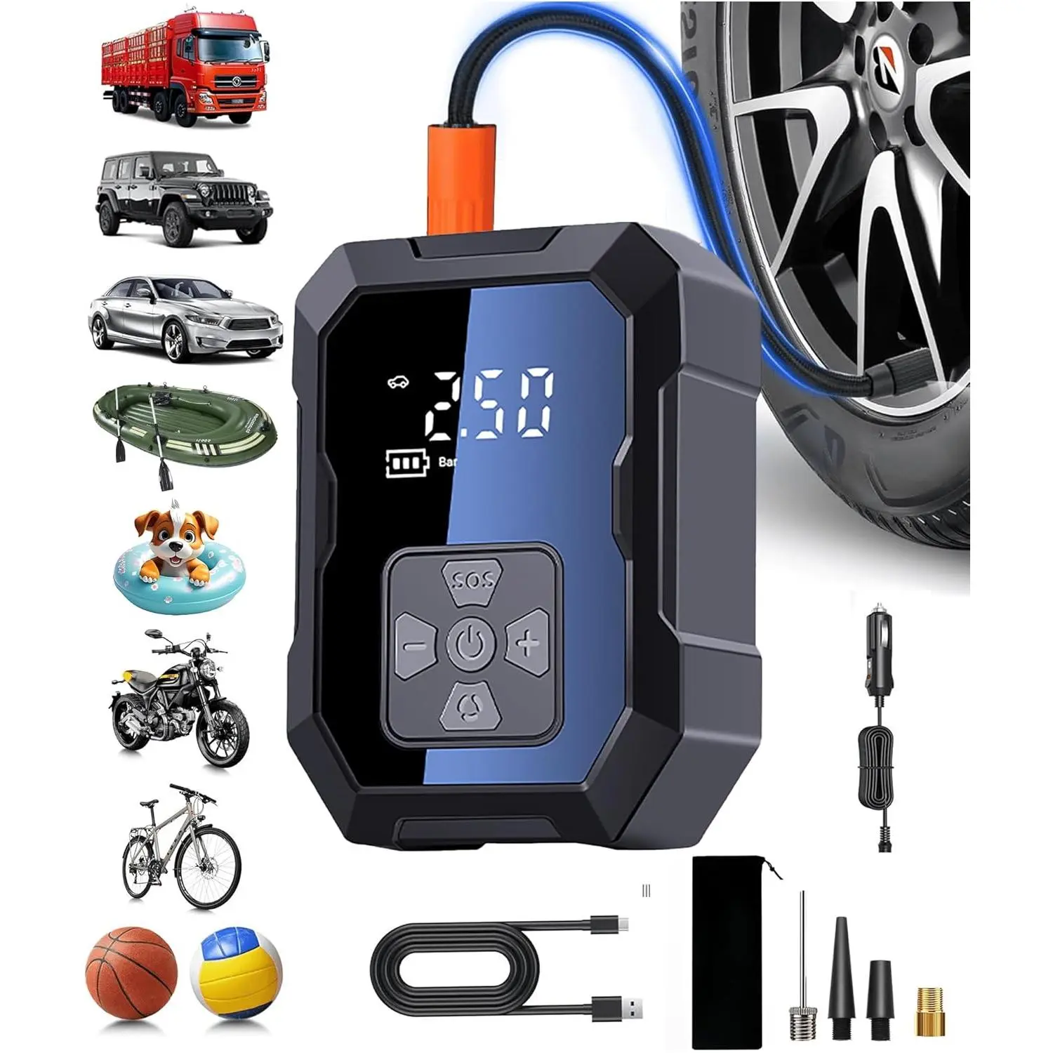 Portable Tire Inflator Air Compressor, Handheld Cordless Pump with Digital Display for Car, Bicycle, and Balls