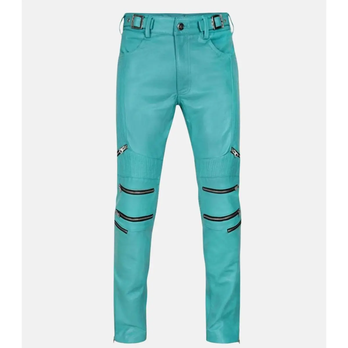 Mens Bright Blue Leather Biker Pants with Cool Style