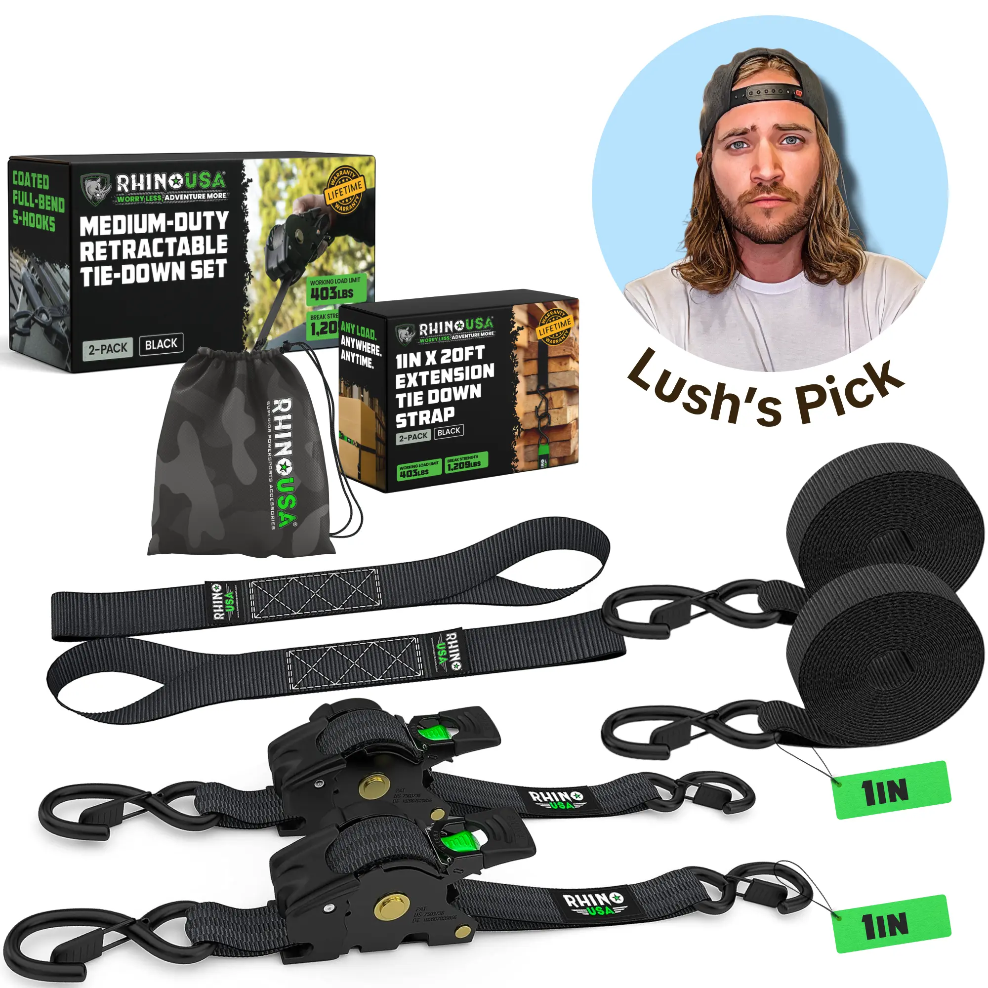 Lush's Pick (2 Pack Each) - Rhino USA 1" x 10' Retractable Ratchet Straps with 1" x 20' Ratchet Extension