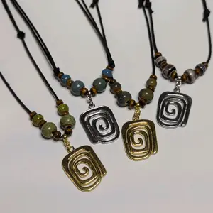 Abstract Spiral Swirl Charm Ceramic Beaded Silver or Gold Boho Hippie Whimsical Adjustable Black Rope Cord Choker Stacking Necklace