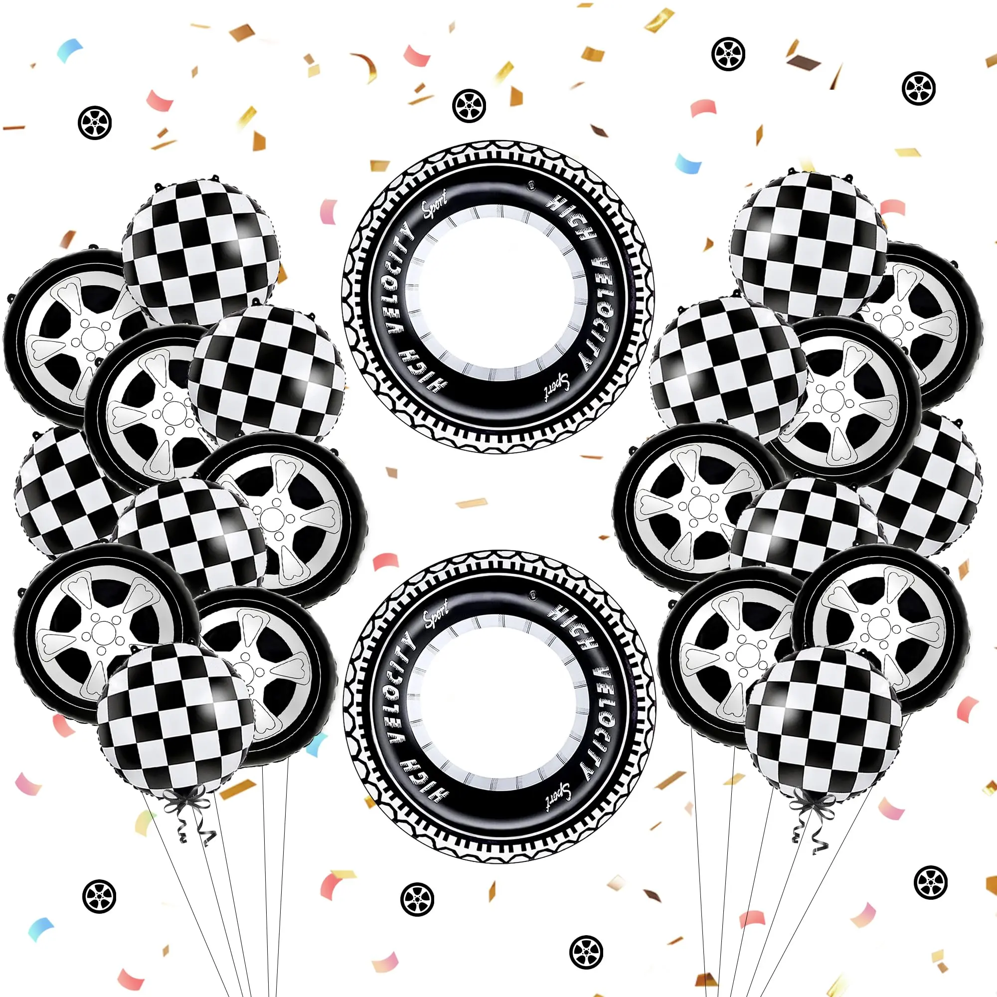 20pcs Race Car Balloons, Checkered & Tire Balloons for Birthday Party & Racing Theme Decorations