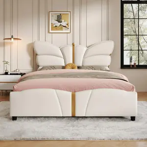 Full Size Upholstered PU Leather Bed Frame, with Butterfly Shaped Headboard and Footboard, Platform Bed Frame with Gold Metal decorations, No Box Spring Needed, Beige