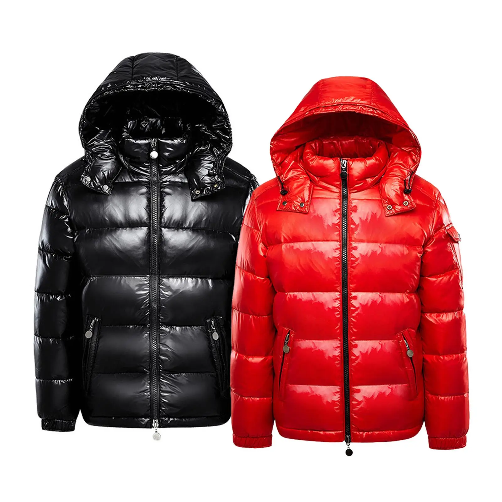Men's Plus Size Nylon Casual Plain Winter Parka - Menswear Hooded Full-Sleeve Jacket with Shiny Finish, Functional Pockets, Decoration, Zipper, Polyester Outerwear Coat