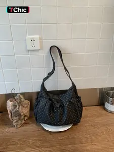 Large-capacity dotted print drawstring tote bag | Soft silhouette  dotted fabric + drawstring design, adjustable for single shoulder or crossbody wear. Perfect for daily commutes, school, grocery shopping, and more. It exudes a relaxed and gentle vibe an