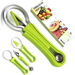 4 In 1 Green Stainless Steel Fruit Carving Tools Set with Melon Baller Scoop, Perfect Tools for Making Fruit Shapes