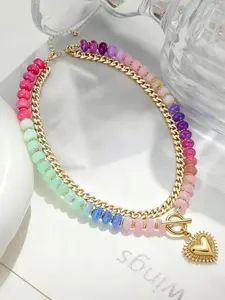 Dopamine Colorful Beaded Necklace, Ethnic Style Collar Chain, Layerable Heart Pendant Necklace, Fashion Jewelry, Eye-Catching Necklace, Stackable Necklace