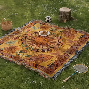 Golden Sun Pattern Bohemian Yarn Jacquard Woven Blanket with Tassel, Floral Throw, Thick Soft Washable Blanket, Used for Home Decor Sofa Chair Bed Tapestry Tablecloth Floor Garden Picnic Outdoor Camping