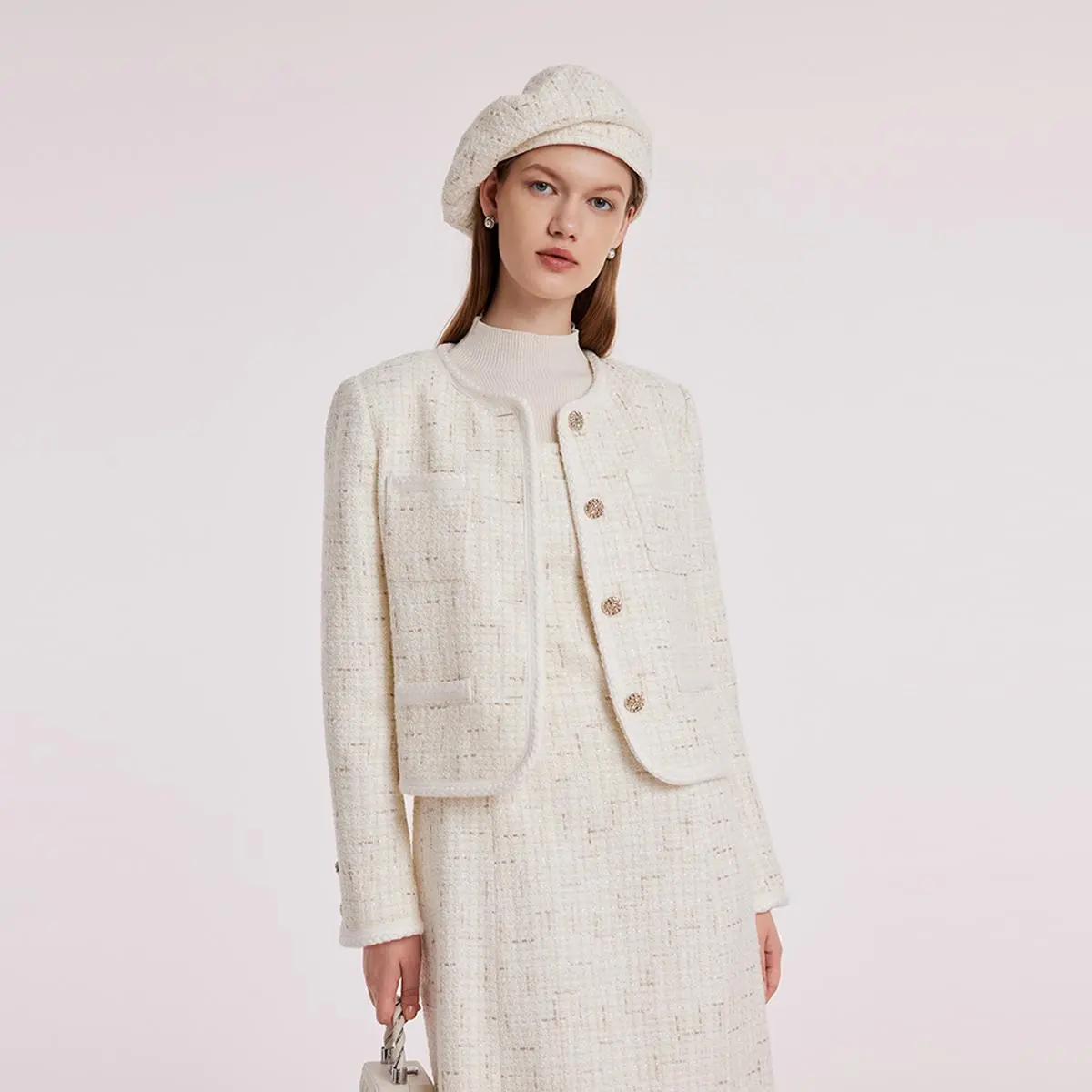 GOELIA White Knitted Tweed Crop Jacket