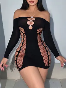❤️1 Piece Black Rhinestone Accent Mesh Cutout Bodycon Mini Dress - Long Sleeve Sheer Fishnet Lingerie for Night Out & Date Night (One Size: Fits weights 40kg–75kg)❤️