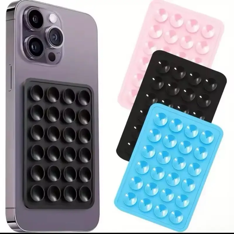 Silicone Phone Holder Multifunctional Mat with Suction Cup Wall Mount Square Non-Slip Single-Sided Mount Back Sticker in Black Pink Blue Colors