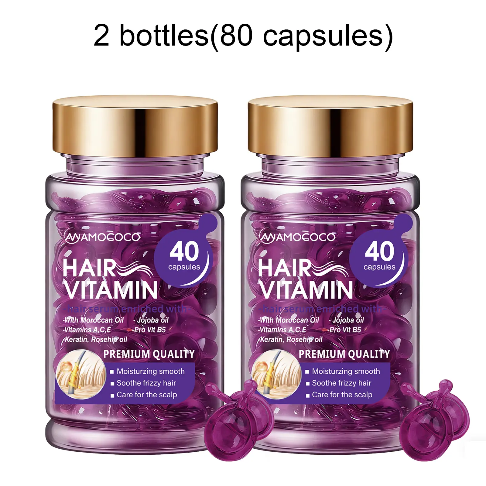 Vitamin Hair Capsules 2PCS — Infused with Rosehip Oil and Argan Oil to deeply nourish your hair. No-rinse, suitable for use on dry or wet hair. Leaves hair smooth, shiny, and resilient. Carry one daily and replenish your hair anytime.