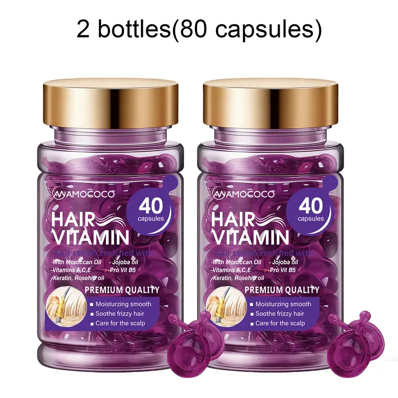 2PCS Alcohol-Free Vitamin Hair Care Capsules - Rosehip & Argan Oil Infused No-Rinse Treatment, 1 Daily, Moisturizes, Dry/Wet Use, Portable Nourishment for Smooth, Shiny, Resilient Hair