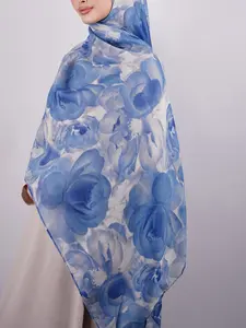 Elegant Blue Floral Chiffon Turban Hijab Scarf, Watercolor Peony Print Head Wrap, Lightweight Sheer Fabric, Modest Chic Fashion Accessory