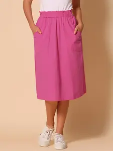 INSPIRE CHIC Women's Casual Cotton Skirt Elastic Waist Scrub Peasant A-Line Midi Skirts with Pockets