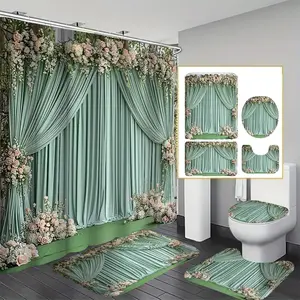 Elegant Floral Print Shower Curtain Set, Waterproof Bathroom Decor with Toilet Mat, Includes 12 Hooks, Modern Home Decoration Gift, Bathroom Accessory