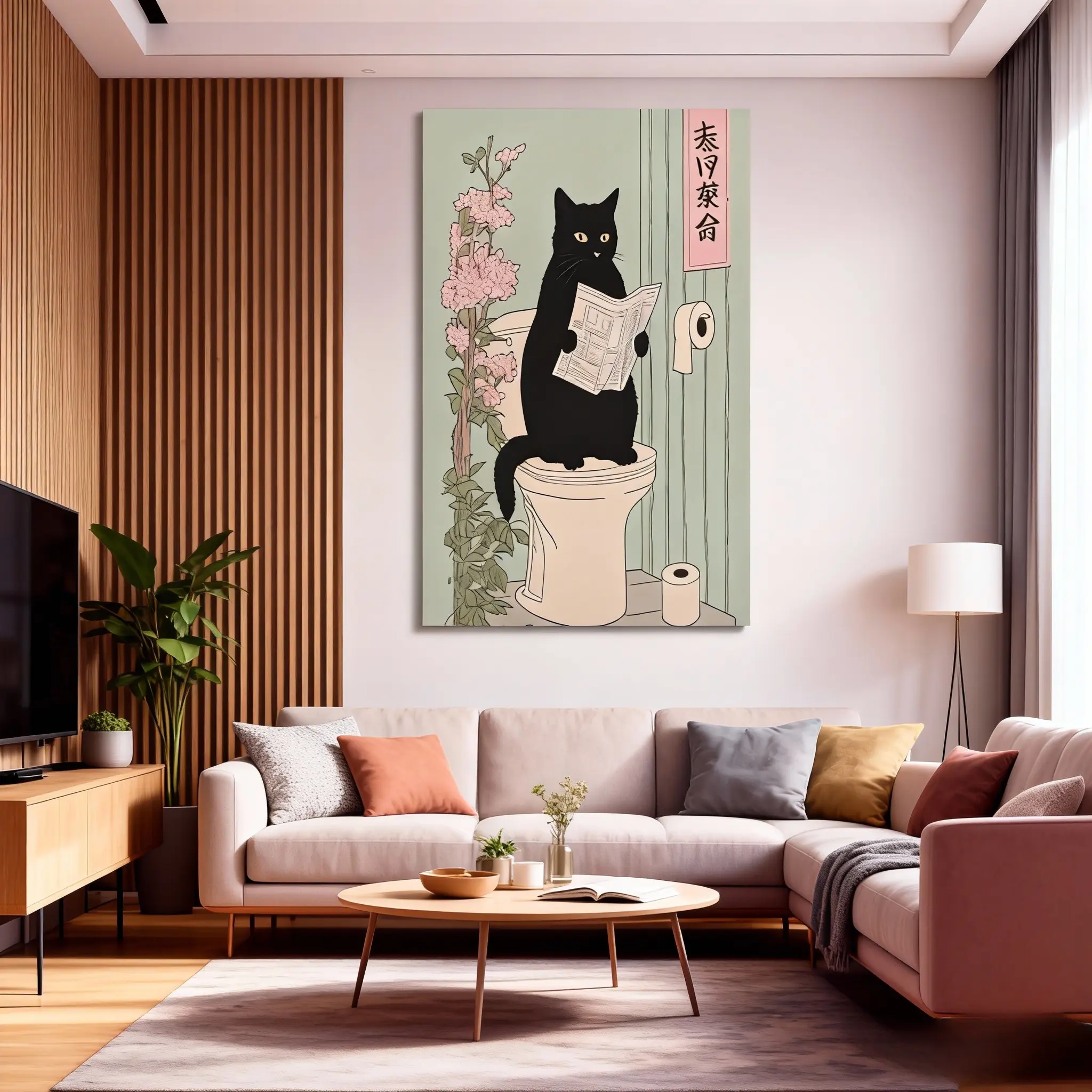 Japanese Black Cat on A Toilet Vintage Wall Art Aesthetic Poster Retro Minimalist Line Drawing Print Creates A Calm and Serene Atmosphere for Your Bedroom Or Office wall decor  posters room decor japanese black cat neutral japandi print