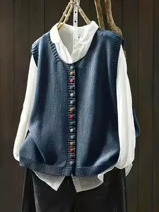 Women's Spring Summer Knitted Vest, Vintage Layered Design, Colorful Button Decor, Sleeveless Cardigan, Casual Home Party Wear, Womenswear