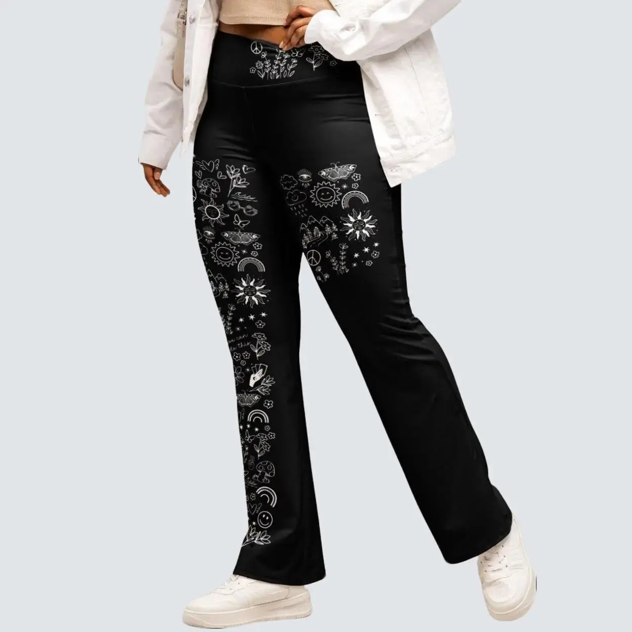 Flare Yoga Leggings for Women - Boho Festival Pants - High Waist Fitness Pilates Flare leggings - doodle images diamond dye pants baggy  legging