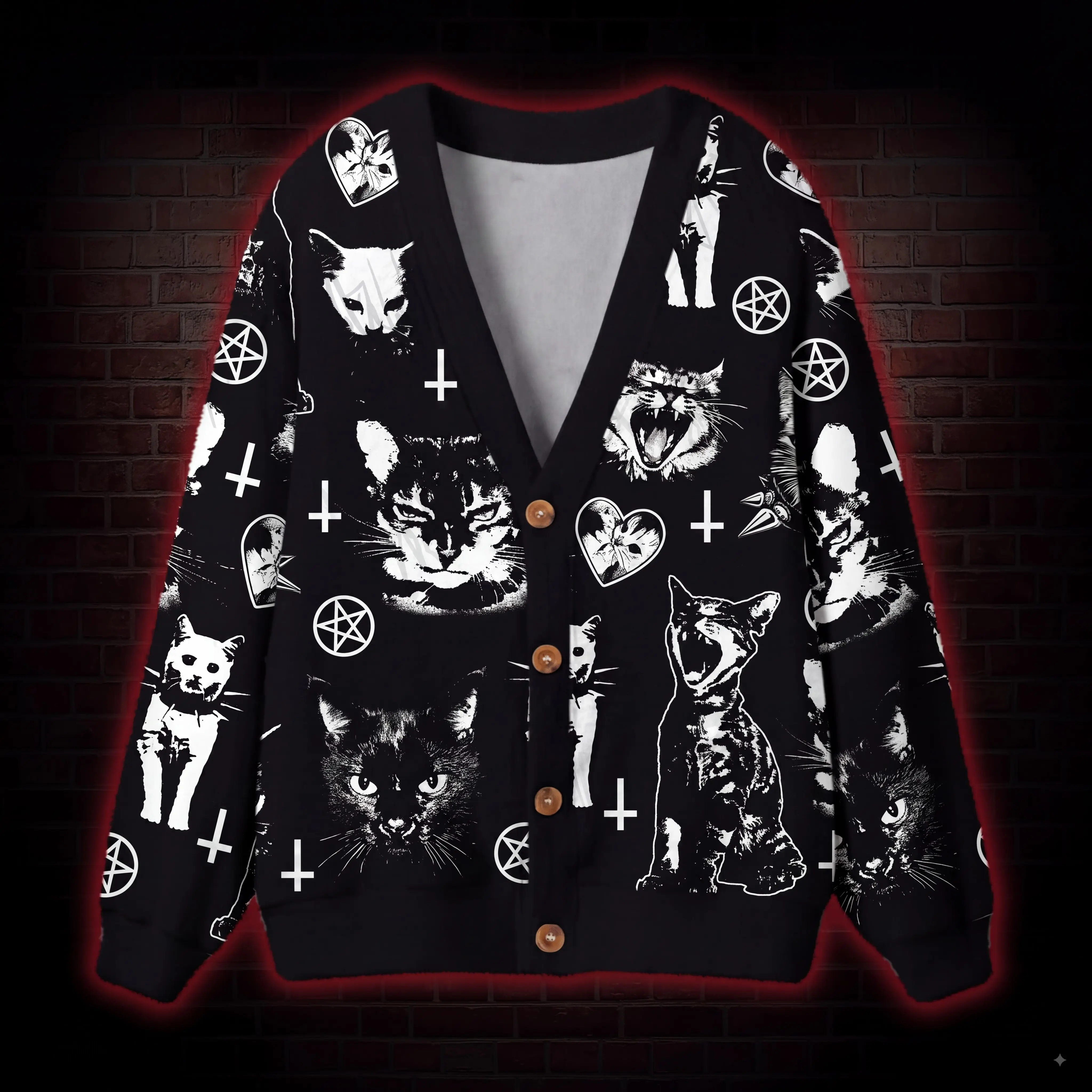 Gothic Black Cat Pentagram Cardigan, Spooky Season Witchy Aesthetic V-Neck Button Down Top, Alternative Grunge Streetwear Outerwear, Halloween Party Costume Knitwear