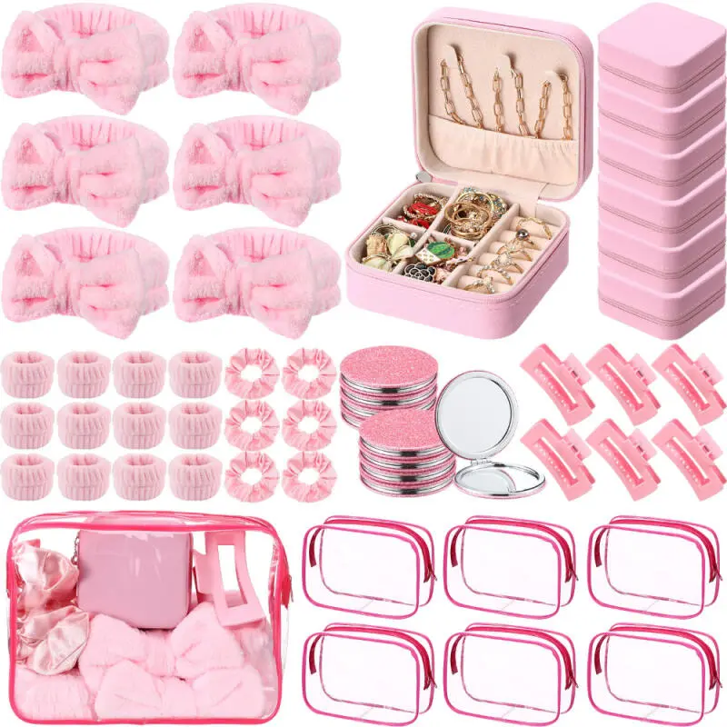 6set Spa Party Favors for Women & - Pink Sleepover Supplies with Headbands, Wristbands, Scrunchies, Hair Clips, Jewelry Case, Makeup Bags & Mirrors - Bridesmaid Proposal Return Gifts (Plastic/) for slumber Parties
