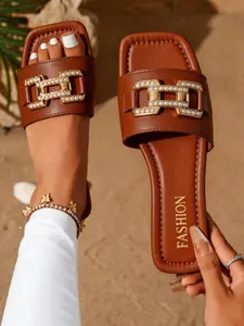 Women's Fashion Casual Metal Buckle Sandals, Elegant Fashionable Sandals, Comfortable Summer Slippers, Flat Shoes for Beach, Home, Daily Wear, Discount Bundle Deal