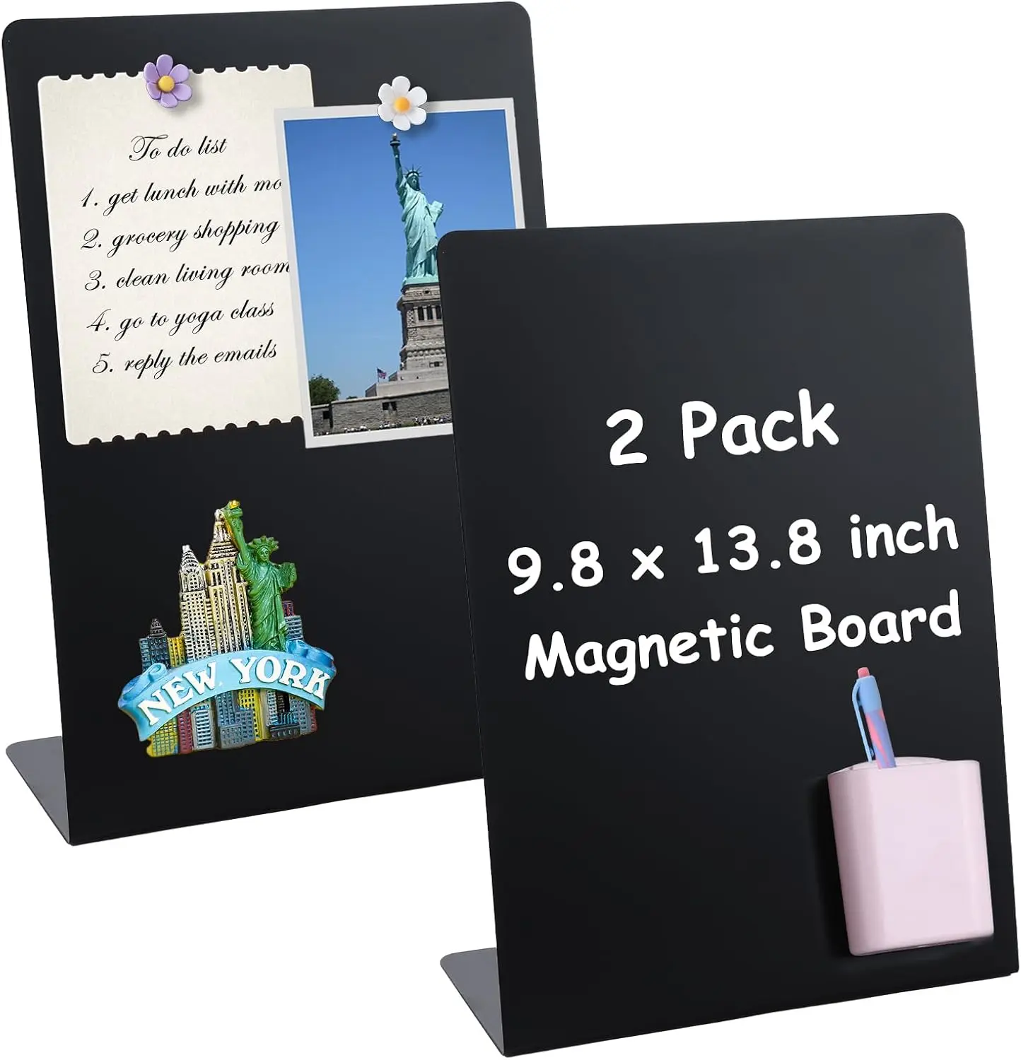 2 Pack Magnet Display Board 10×14 Inch Black Metal Memo Bulletin Board with Easel Stand, 2 Magnetic Pen Holders & 4 Flower Magnets Tabletop Souvenir Board for Home Kitchen School Office Supplies,back to school,back to school haul