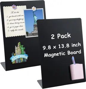 2 Pack Magnet Display Board 10×14 Inch Black Metal Memo Bulletin Board with Easel Stand, 2 Magnetic Pen Holders & 4 Flower Magnets Tabletop Souvenir Board for Home Kitchen School Office Supplies