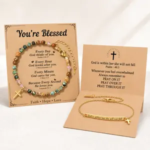 2-Pack Faith Cross Bracelet Set with Message Cards, You’re Blessed Beaded Bracelet & God Is Within Her Bar Bracelet, Christian Inspirational Jewelry Gift for Women, Mom, Daughter, Sister, Friend & Coworker