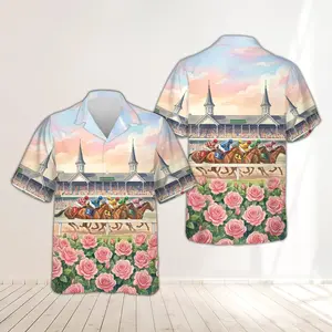 Kentucky Derby Horse Racing Hawaiian Shirt – Churchill Downs Scene Rose Print Button Up, Derby Day Outfit, Summer Beach Vacation Shirt for Men