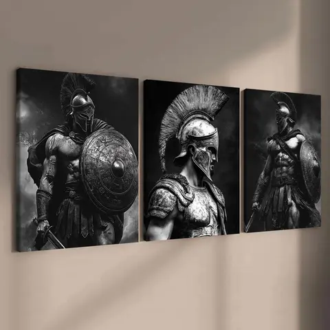 Wooden Framed Canvas Painting, 3 Counts/set Strong Ancient Greek Warrior Pattern Wall Art, Wall Decor for Home Living Room Bedroom Office, Ornaments, Decorative Artwork
