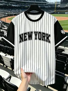 Men's Summer American Retro Baseball Style 'new York' Striped T-Shirt, Streetwear Vibe, Casual Daily Wear, Sports Clothing