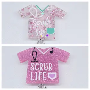 Scrub Life Glitter Scrub Top with Stethoscope Acrylic Retractable Badge ID Reel - Great Gift Clip for Nursing and Hospital Workers