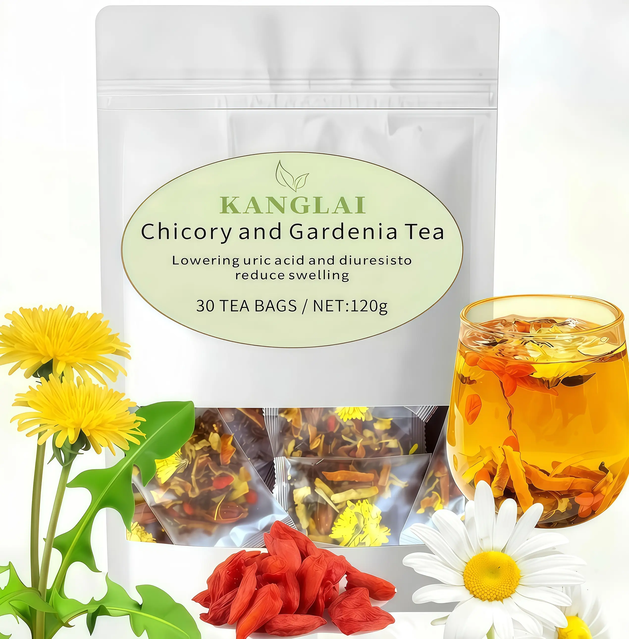 Premium Chicory & Gardenia Herbal Tea Set (30 Tea Bags Total) - Natural Herbal Beverage with Orange Peel & Chrysanthemum, Cool Heat Relief, Beautifying & Nourishing, Healthy Vegan, Convenient Ready-to-Use Detox Tea Blend Organic Cleanse Tea