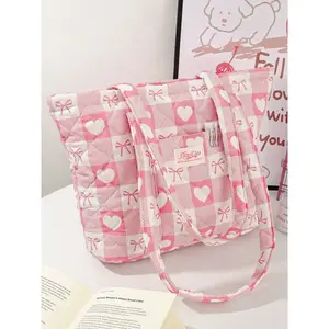 Sweet Bow Pattern Quilted Large Capacity Women's Handbag Pastel Tote Bag Fits Computer Notebooks Books Ideal for Vacation Shopping Beach Casual Commuter Bag