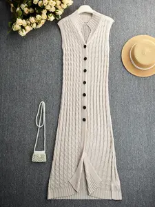 Elegant Linen Texture Long Vest for Women, Sleeveless Stand Collar Single Button Design, Thin Semi-Sheer Fitted Vest for Spring Summer Fall