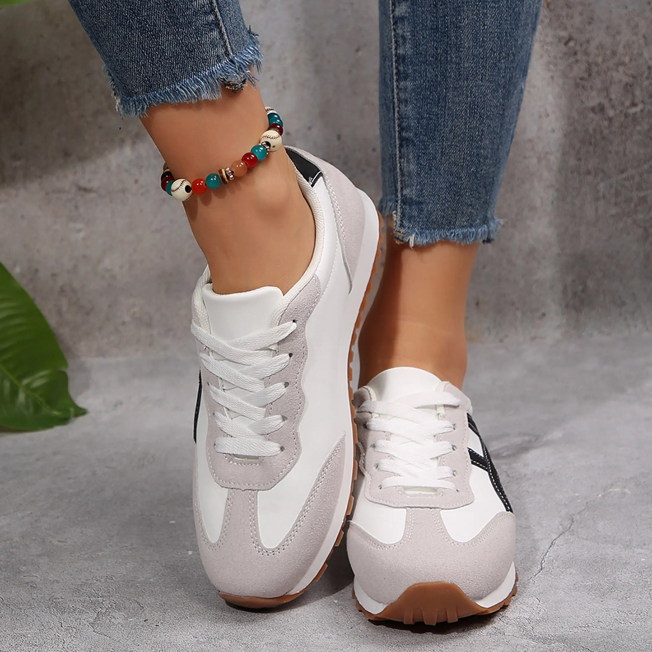 Women's Fashion Lace Up Sneakers Retro Color Block Casual Indoor Outdoor Shoes Springfresh