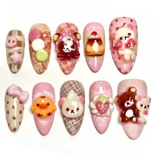 S178 Nailed by Vibe - Kawaii Pink Press On Nails, 3D Bear & Chick Charms, Strawberry & Dessert Details, Handmade Nail Art, Sweet Pastel Style, Fun Party Nails, Gift for Her