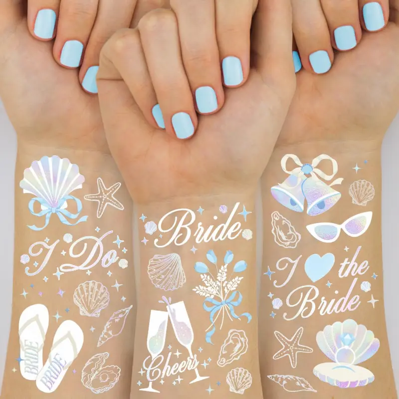 Bridal Theme Temporary Tattoo Set - Cute Seashells, Wedding Bells Designs, 60 Styles for Adults' Beach Bachelorette Party Bridesmaid Favors in a Box