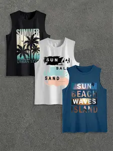 Men's Regular Fit Letter & Palm Tree Print Tank Top, Casual Comfy Sleeveless Top for Summer, Men's Top for Beach Vacation, Tropical, Menswear, Tanktop, Stylish Tank, Vests