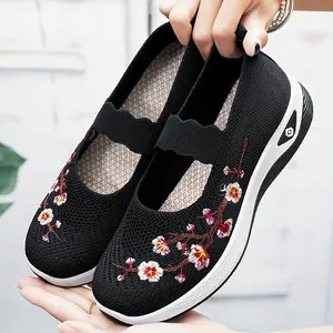 All-Season Breathable Mesh Wedge Sneakers for Women,Mary Jane Scalloped Strap Embroidered Walking Shoes
