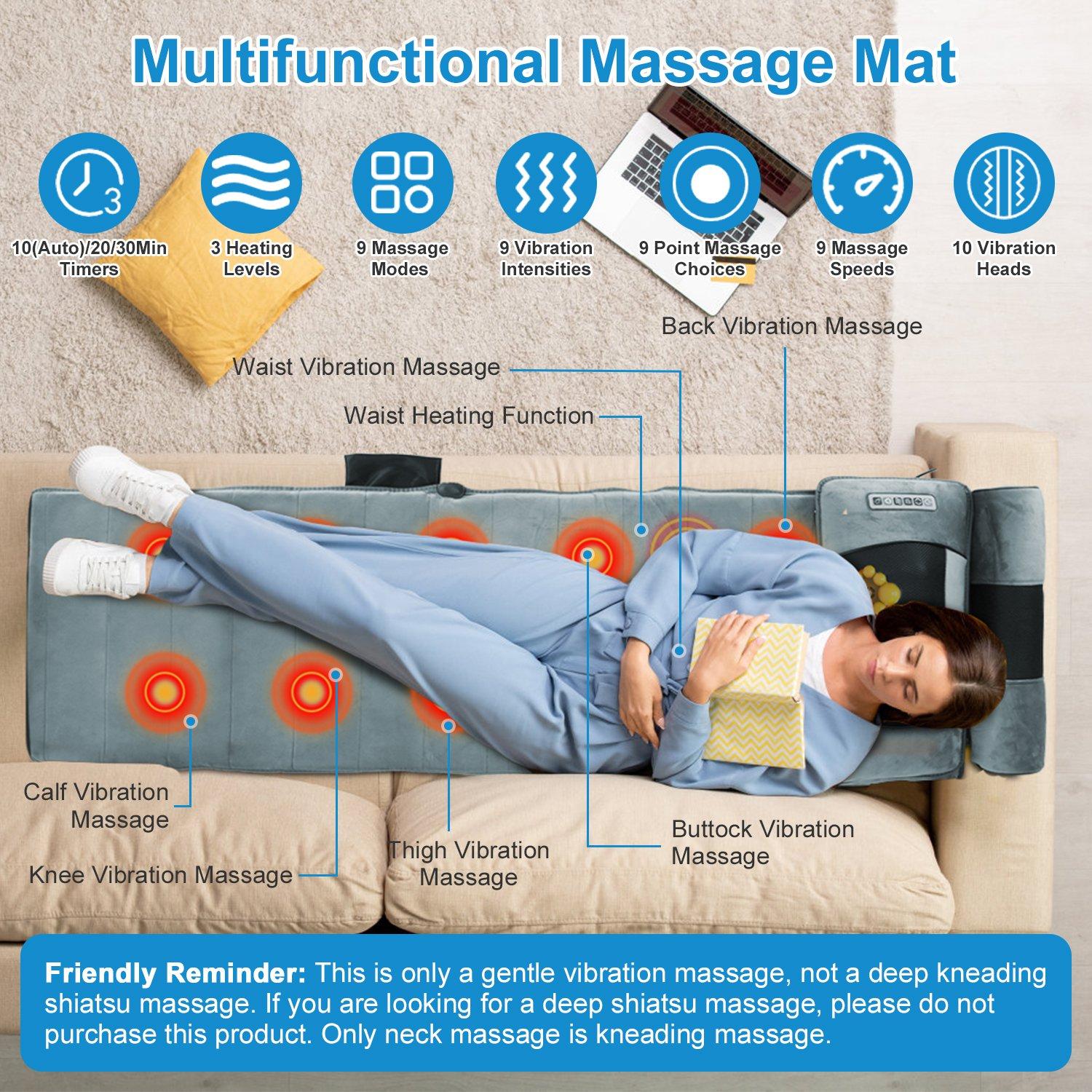 Comprehensive Massage Mat Featuring Heat And a Portable Shiatsu Neck And Back Massager, This Enhanced Massage Mattress Pad Comes Equipped with 10 Vibration Motors, 2 Heating Pads, And 9 Massage Settings, Perfect for Relaxing,deep tissue massage tool