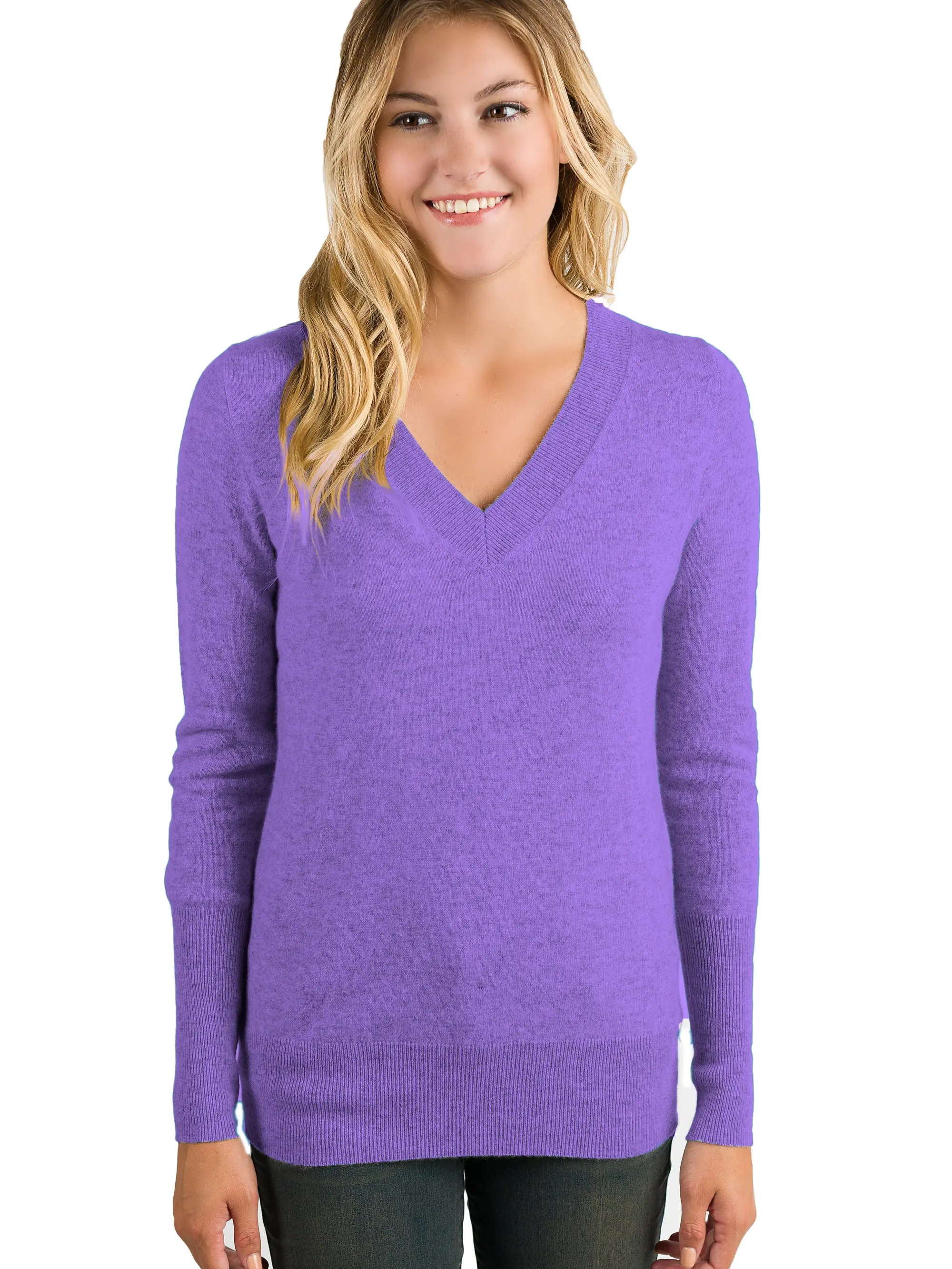 JENNIE LIU Women's 100% Pure Cashmere Long Sleeve Ava V Neck Pullover Sweater