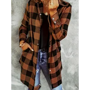 [Polyester Plaid Shirt] Machine Washable Polyester Elegant Long-Length Plaid Button-Up Shirt for Women - Classic Collar, Casual Spring/Fall Wear, Brown & Beige Checkered Pattern, Perfect for Everyday Style summer outfits Fitted Fabric