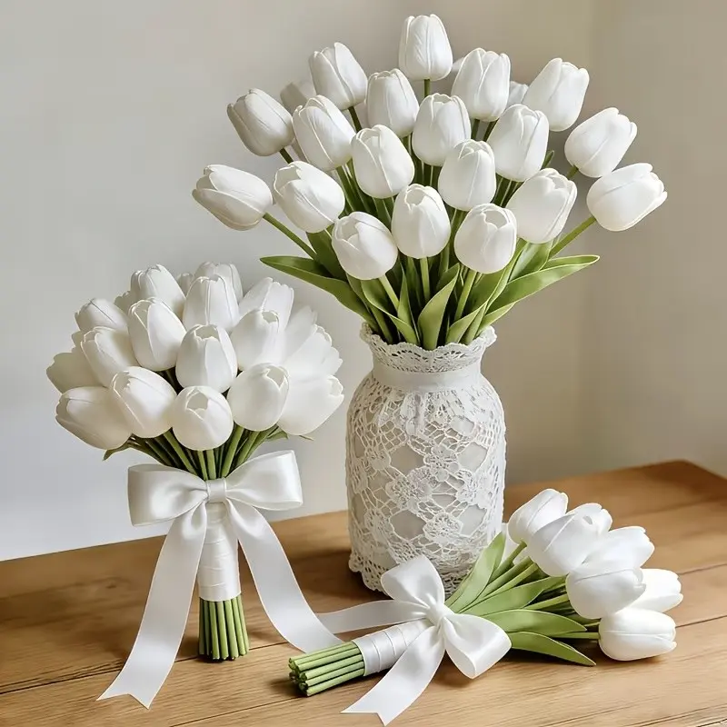 15 elegant white artificial tulips with lush green foliage, suitable for weddings, engagements, and home décor, Home Decoration Bouquet, Decorative Flowers Bouquet, Artificial Flower Decorations, Faux Flower Decor