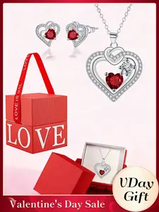 Heart Shaped Birthstone Set, Heart Necklace & Silver Color Earrings, Includes Eternal Flower Gift Box, Perfect Gift for Wife Girlfriend