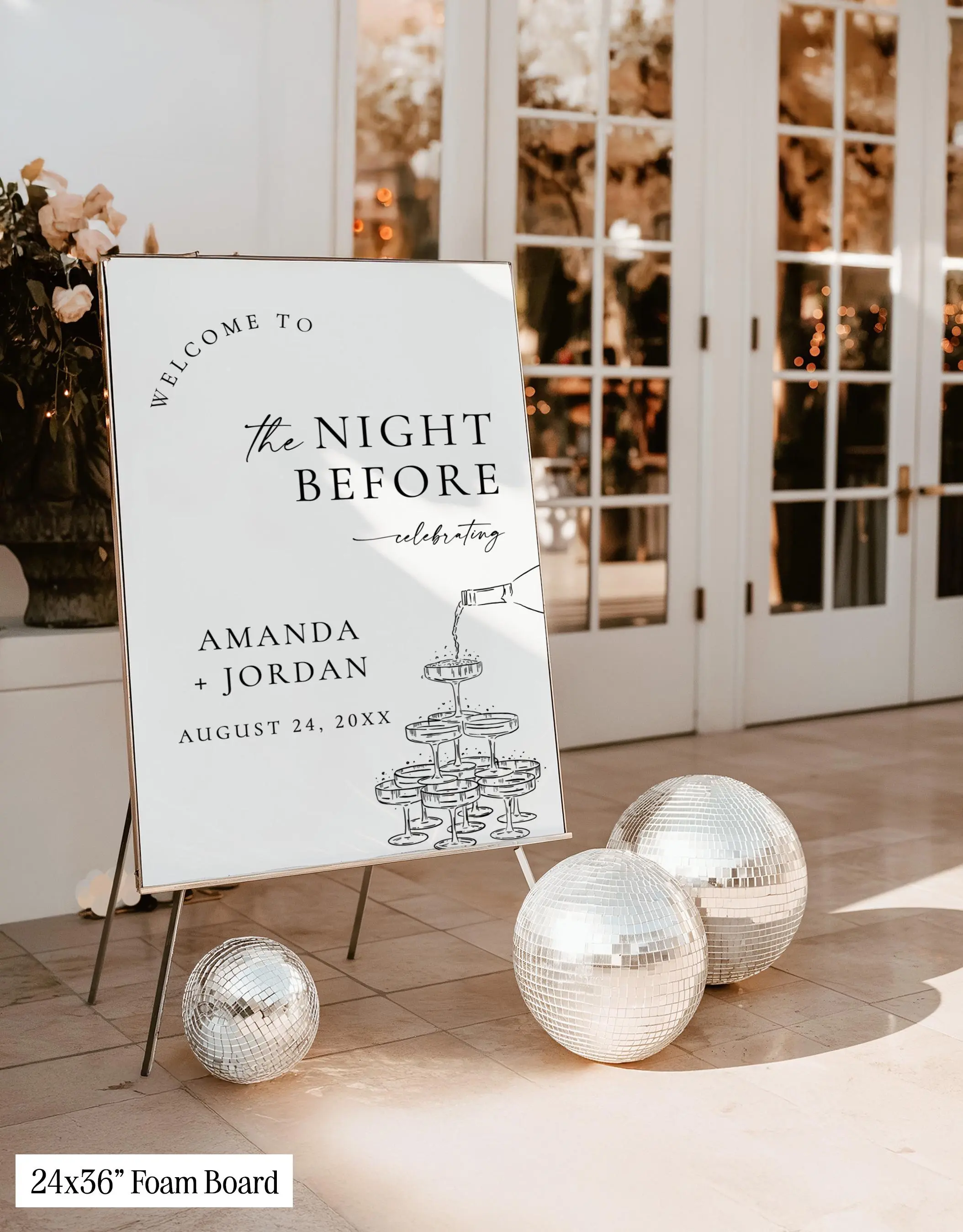 Personalized Champagne Tower Rehearsal Dinner Welcome Sign, Custom Name Foam Board Sign | The Night Before | 18x24 & 24x36 | Printed & Shipped