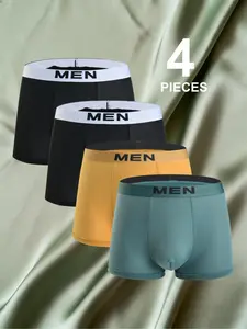 4 pieces of men's boxers, four cornered underwear, youth underwear, soft and comfortable fabric, casual sports elastic underwear, fashionable, breathable, skin friendly, solid color, durable, classic print suitable for daily casual, Stretchy Boxer Briefs