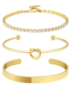 3-Piece Heart Knot Cuff Bracelet Set, Geometric Claw Chain Tennis Link, Women's Anti-Fade Stackable Jewelry, Trendy Daily Accessory