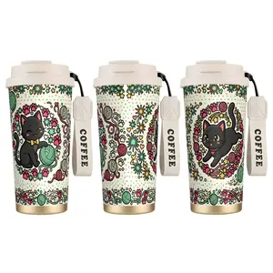 1pc 18oz Stylish Stainless Steel Insulated Vacuum Flask Tumbler - Playful Black Cat & Yarn Ball Cartoon Design, Dual-Purpose Portable Drinkware with Lid, Suitable for Home Use, Ideal Gift for Cat Moms